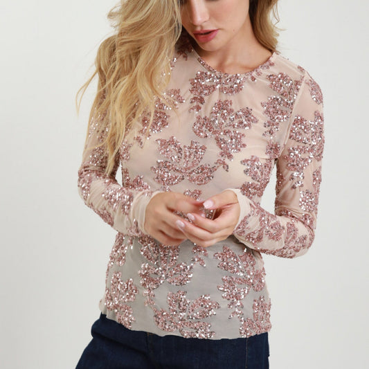 Powder Pink Sequin Shirt – Stretch Fit Party Top | 95% Polyester 5% Elastane