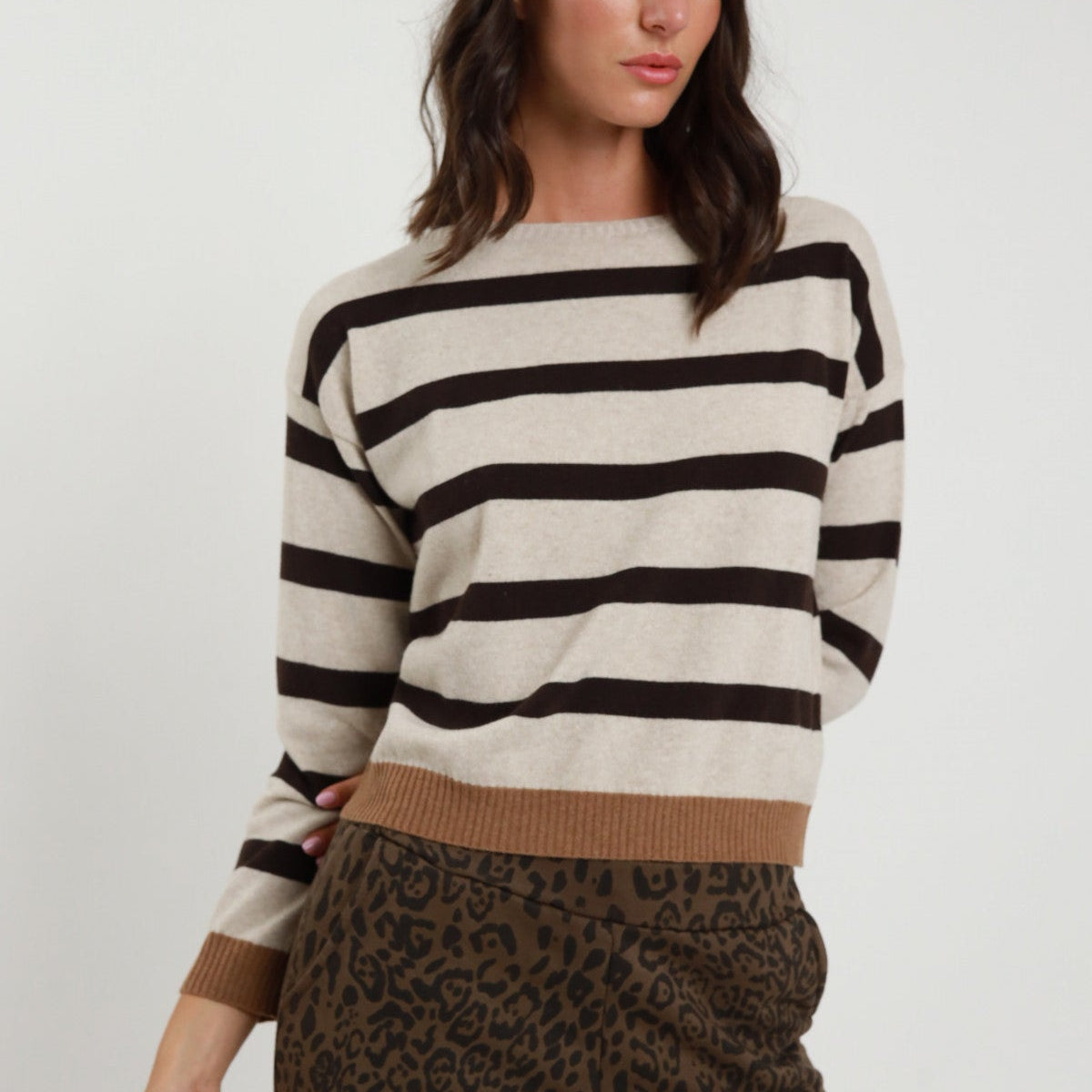 Striped Wool Blend Sweater – Soft & Warm Knit | Black & Oatmeal