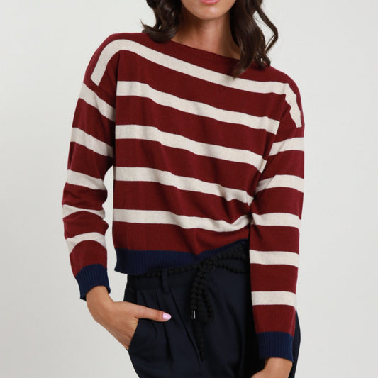 Striped Wool Blend Sweater – Soft & Warm Knit | Burgundy & Cream