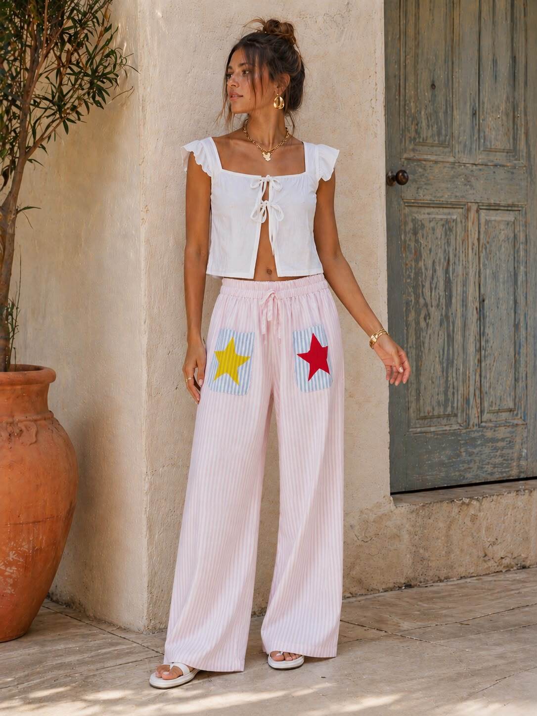 Striped Palazzo Pants with Star Pockets – Pink | Women's Wide-Leg Trousers