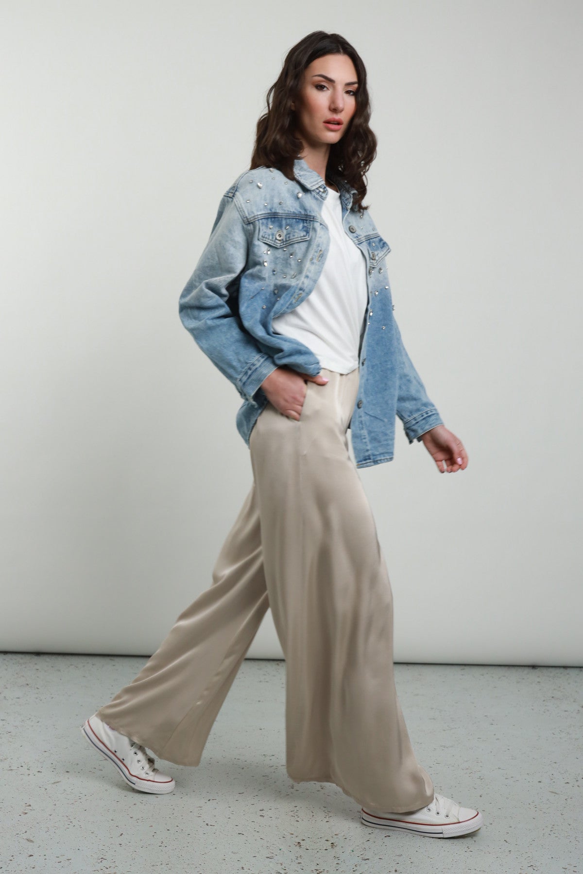 Wide Satin Effect Trousers with Elastic Waist – Latte