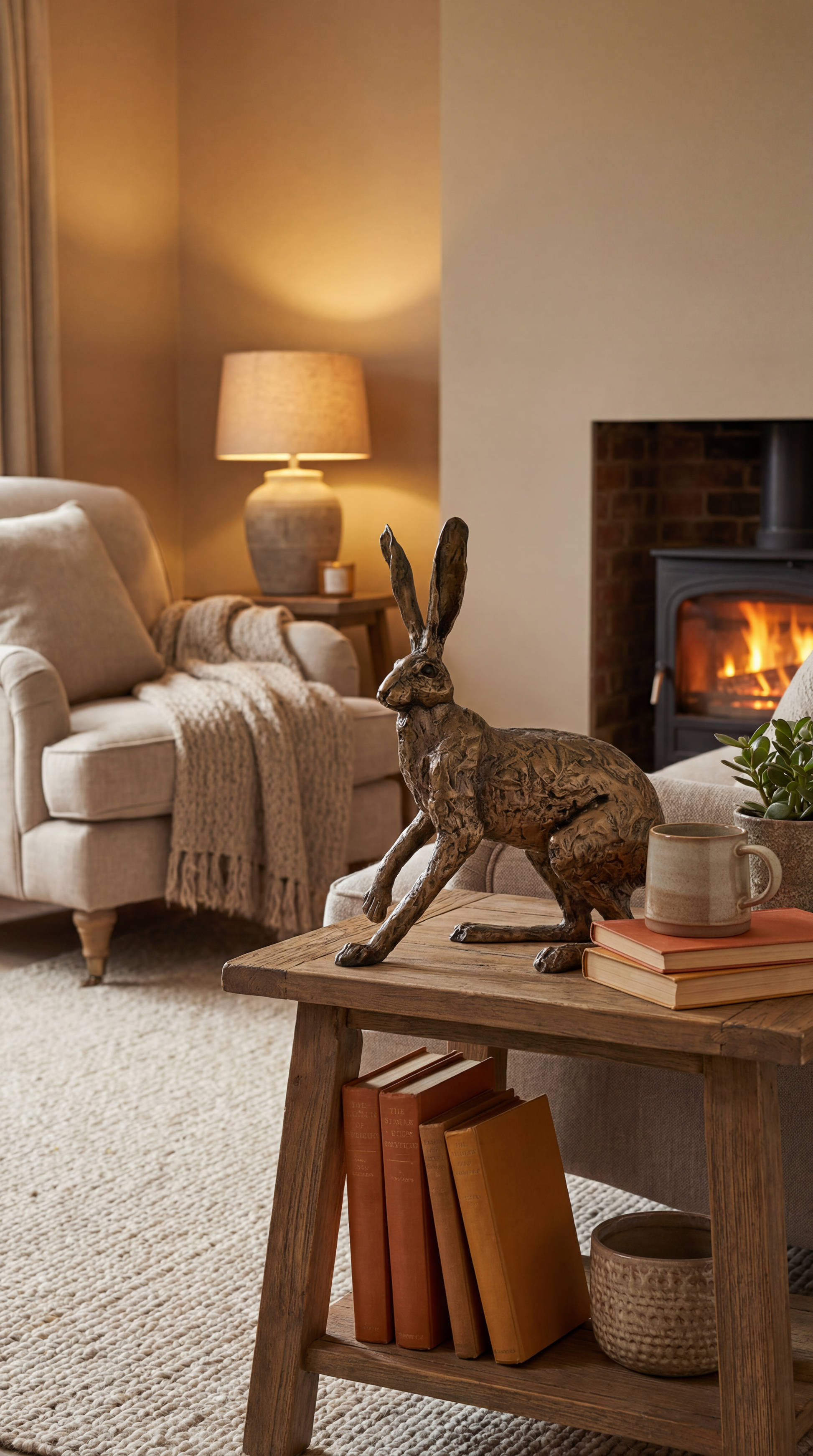 Living room with a wooden table, books, a mug, and a decorative hare figure.
