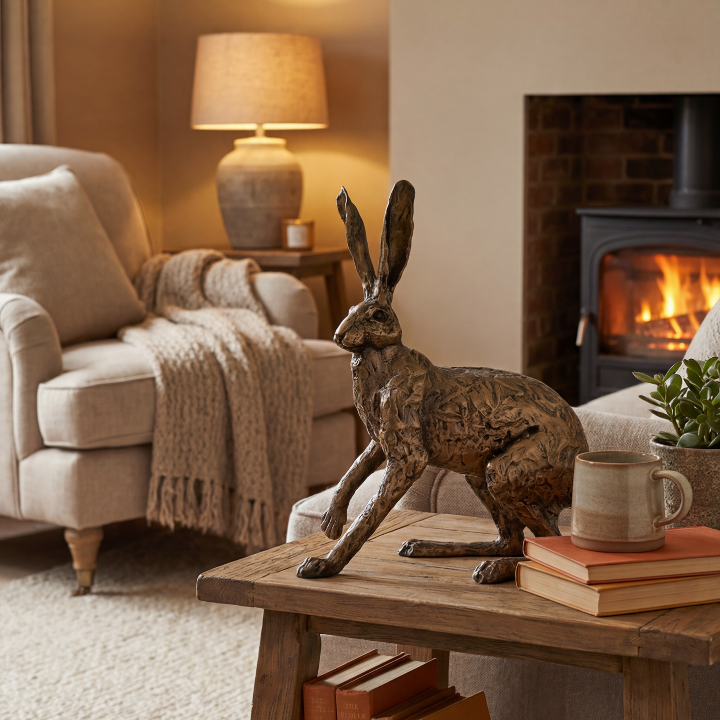 Living room with a wooden table, books, a mug, and a decorative hare figure.