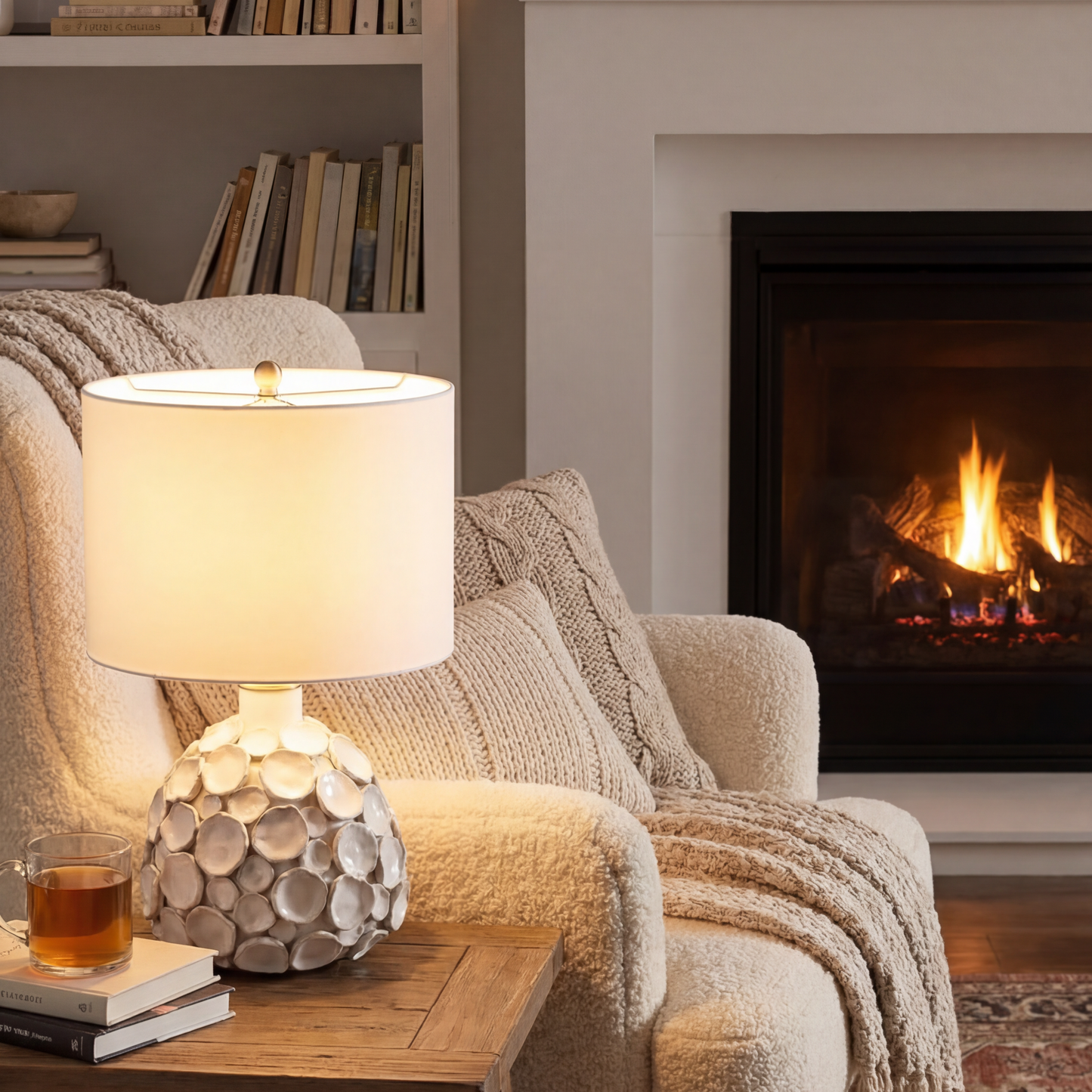 Cozy living room with a fireplace, armchair, and side table.