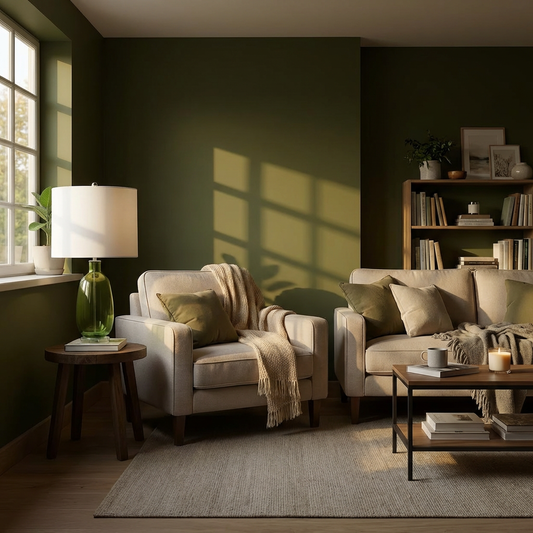 Cozy living room with beige sofa, armchair, and coffee table.