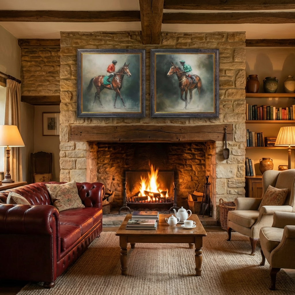 Cozy living room with stone fireplace, leather sofa, and armchairs.