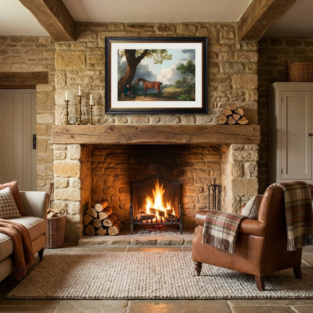 A framed reproduction of George Stubbs' 1763 painting Horse and Groom, featuring a bay horse and handler in a classical landscape.