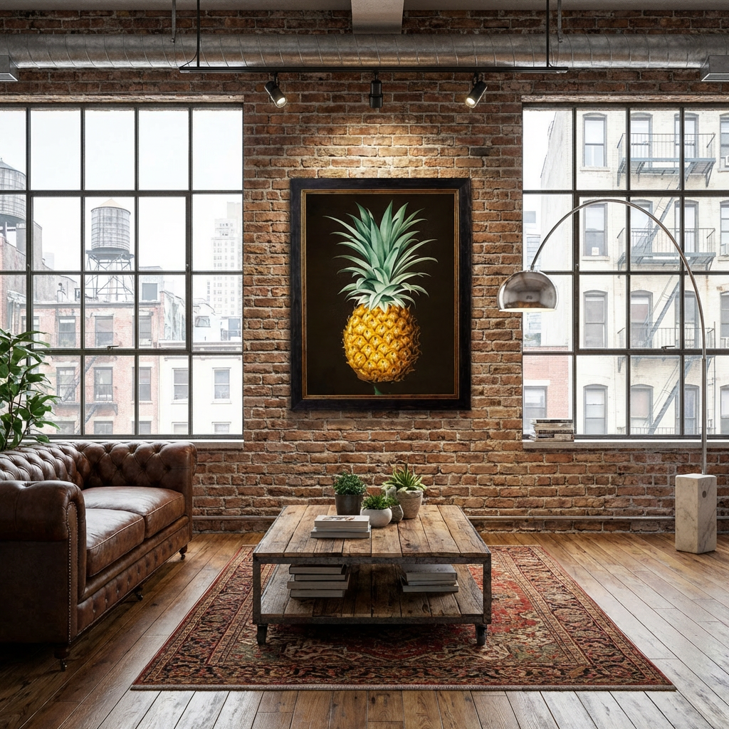 A vibrant, hand-colored 19th-century pineapple illustration set against a striking black background in a wooden frame.