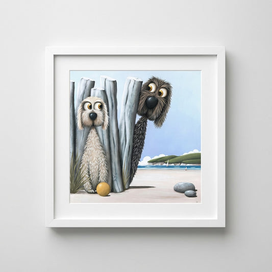 A square 55cm framed print titled 'Hello Blondie' by Simon Clarke, depicting two cute dogs playing hide and seek.