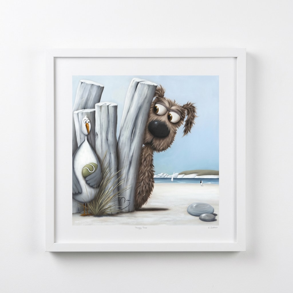 A shaggy dog looking at a seagull with a ball, in a 58cm white shadow box frame by artist Simon Clarke.