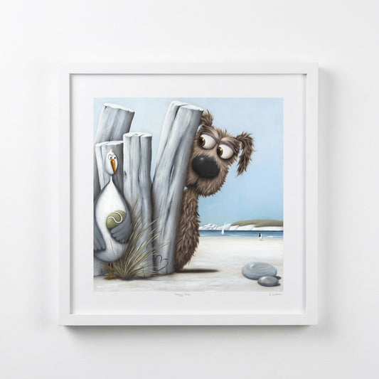A shaggy dog looking at a seagull with a ball, in a 58cm white shadow box frame by artist Simon Clarke.