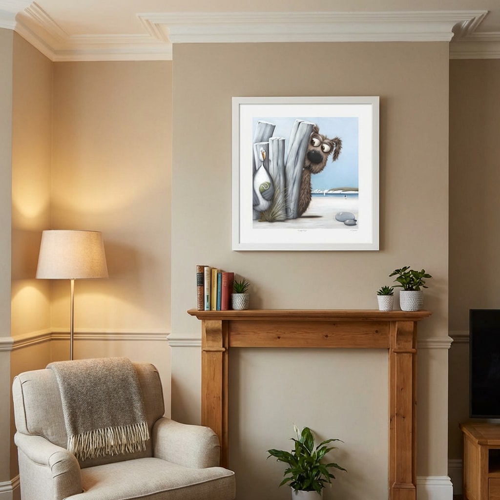 A shaggy dog looking at a seagull with a ball, in a 58cm white shadow box frame by artist Simon Clarke.