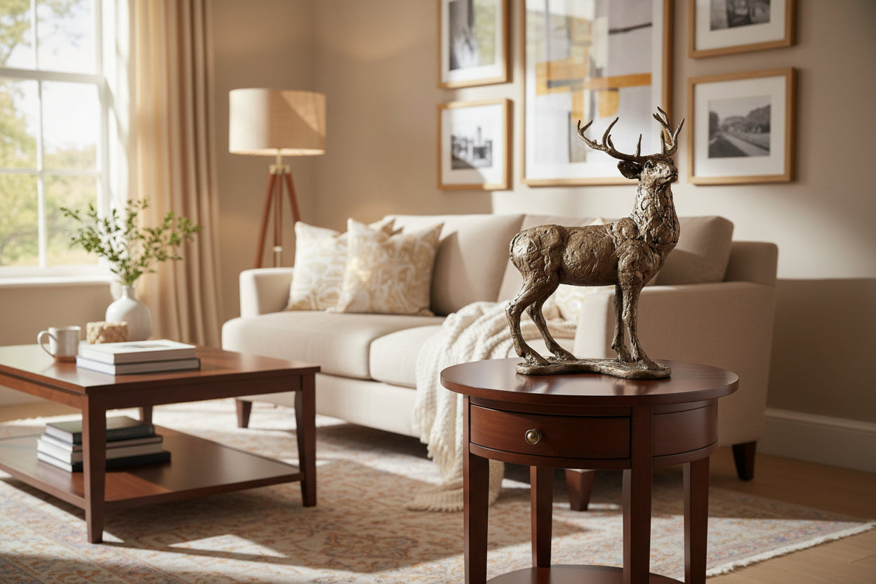 Living room with beige sofa, wooden coffee table, and decorative deer statue.