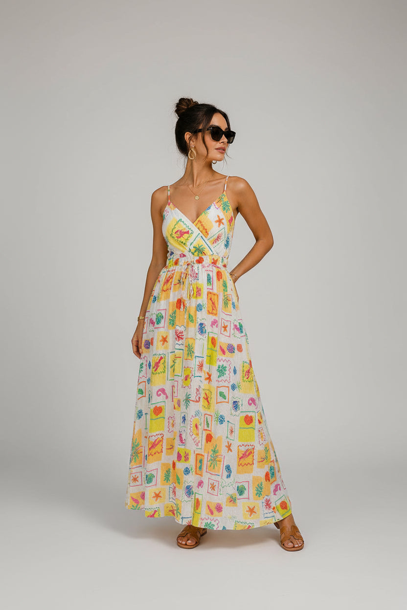 Patchwork Print Maxi Dress – Yellow | Women's Luxury Smocked Back Dress