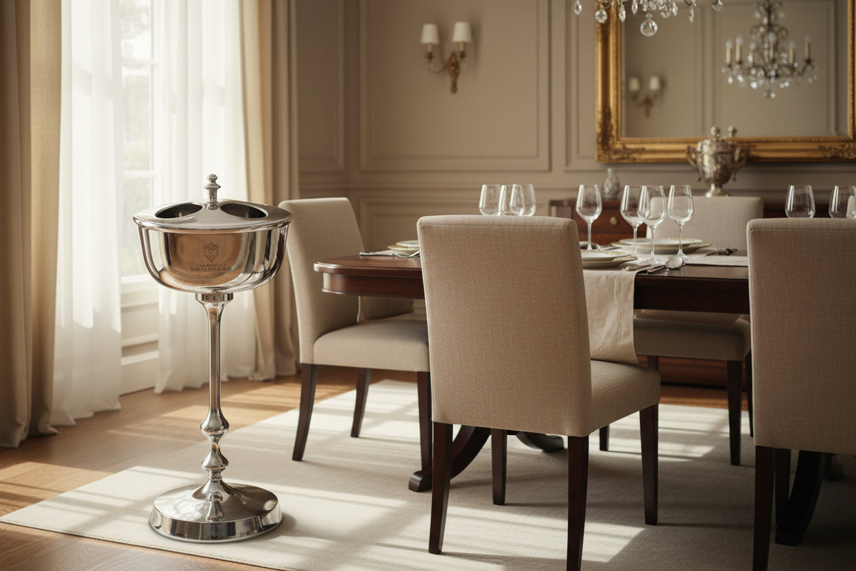 Elegant beige dining room with set table and tall silver champagne cooler by window