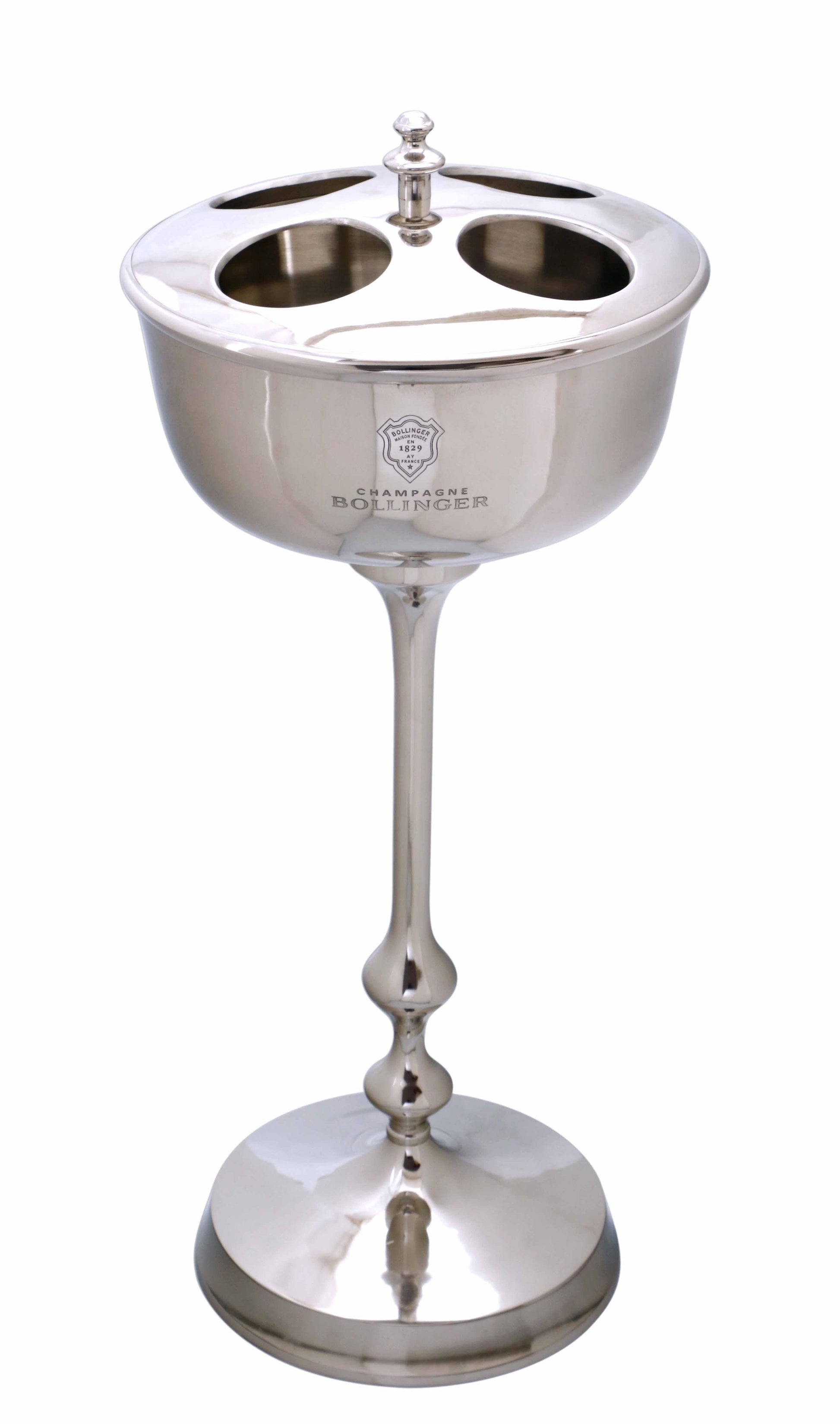 Tall silver Bollinger champagne cooler on pedestal, lid with three circular bottle slots.