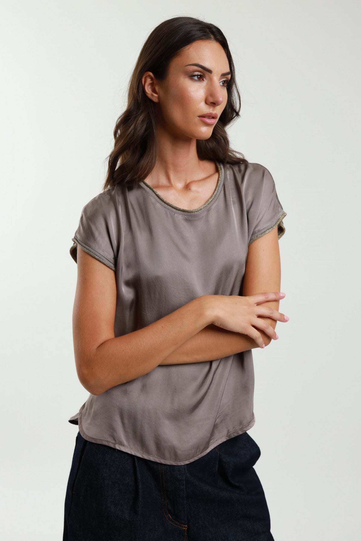 Olive Satin Style Top-Lurex Detail