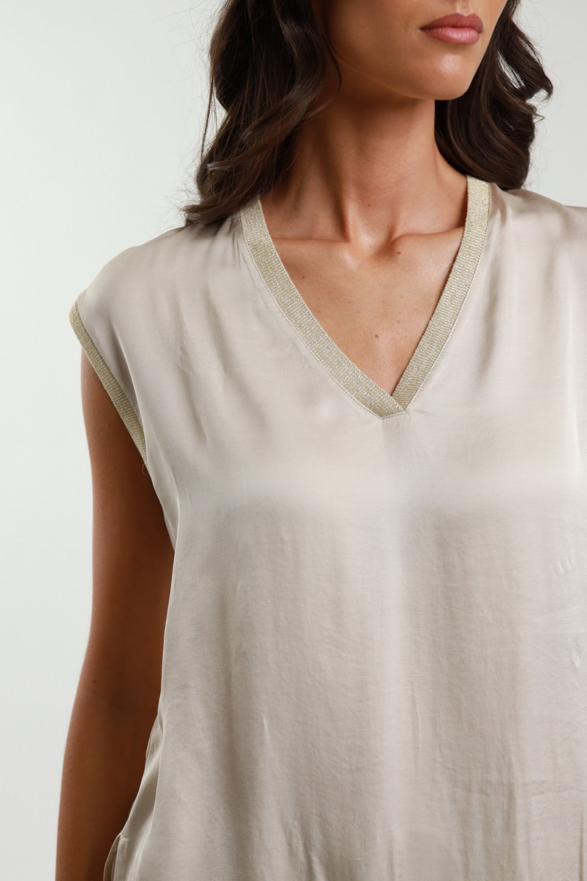 Satin Top V Neck-Champagne