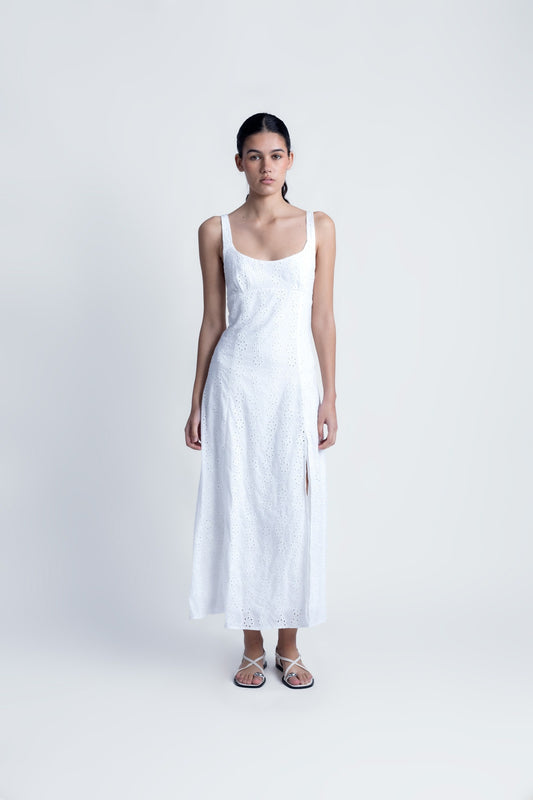 White Embroidered Anglaise Midi Dress – Timeless Summer Elegance