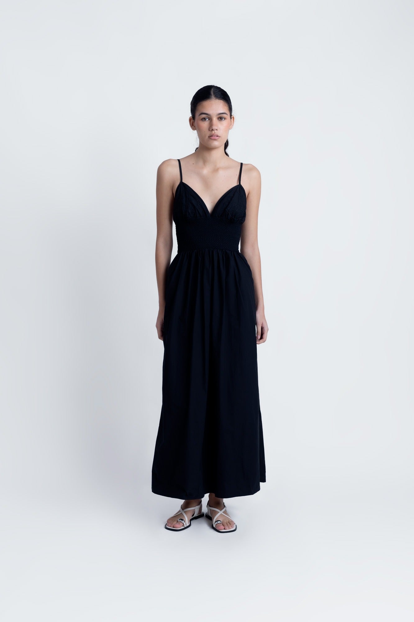 Black Embroidered Cotton Midi Dress – Effortless Elegance in 100% Cotton