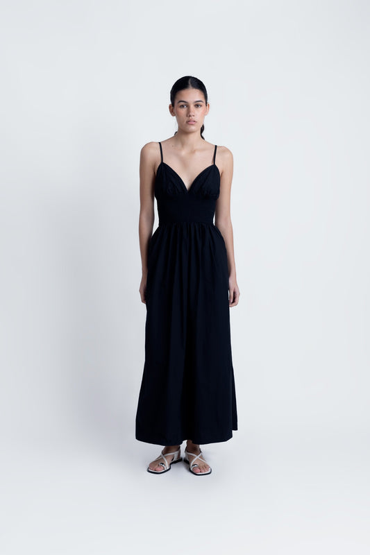 Black Embroidered Cotton Midi Dress – Effortless Elegance in 100% Cotton
