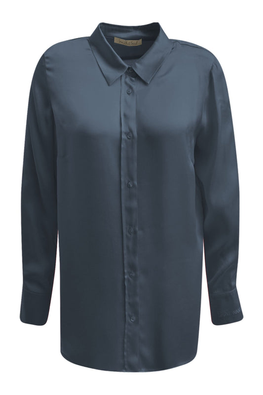 Satin Shirt Collar Blouse - Dark blue
