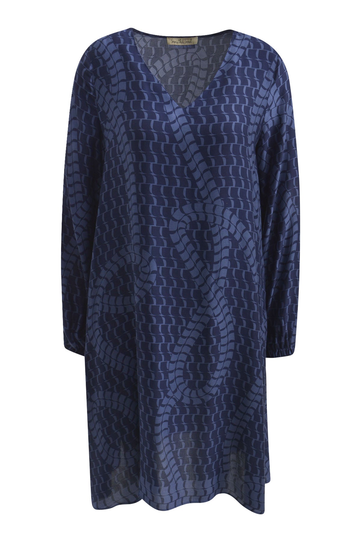 Short Straight V-neck Dress - Dark blue print