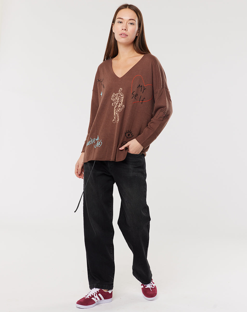 Jessie V-Neck Knitted Brown Sweater