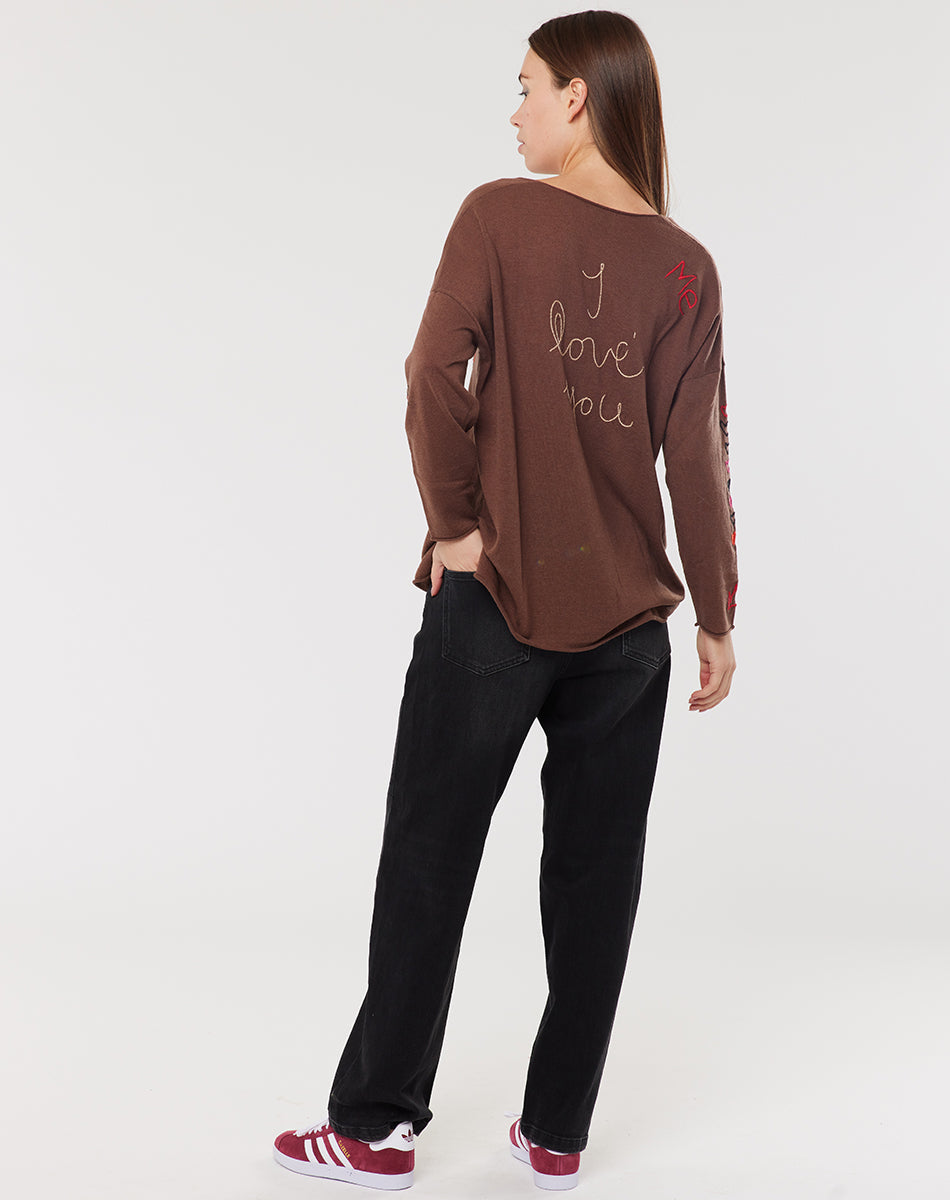 Jessie V-Neck Knitted Brown Sweater from the back