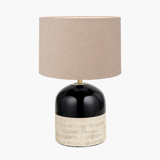 Lotta Black and Natural Stoneware Table Lamp with Edward 35cm Natural Linen Cylinder Shade