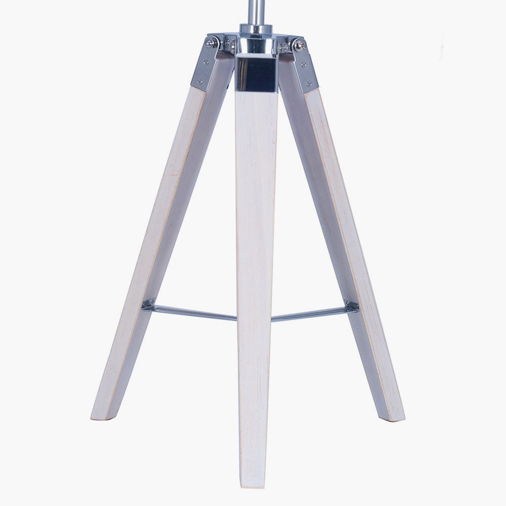 Capstan White Wash Wood and Silver Metal Tripod Table Lamp for sale - Woodcock and Cavendish
