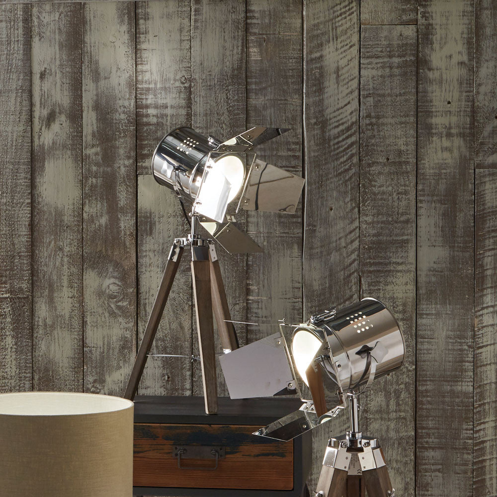 Hereford Grey Wood and Silver Metal Film Tripod Table Lamp for sale - Woodcock and Cavendish