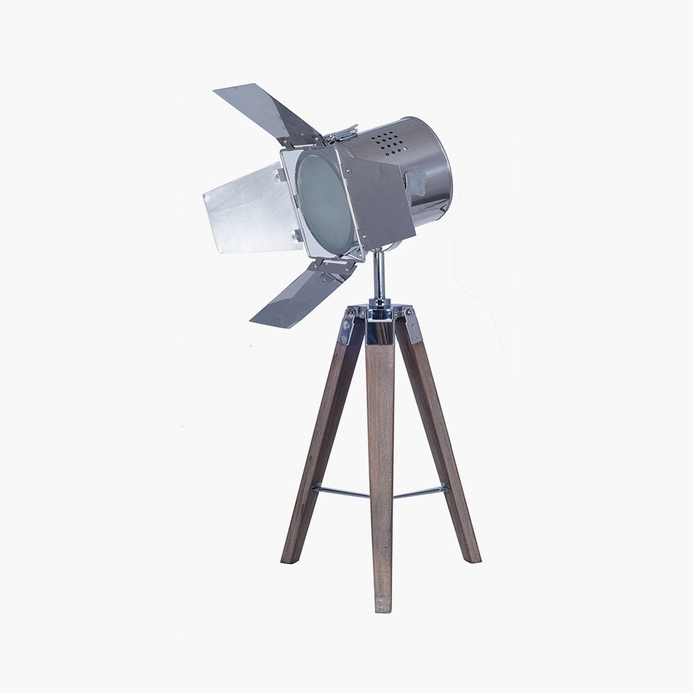 Hereford Grey Wood and Silver Metal Film Tripod Table Lamp for sale - Woodcock and Cavendish