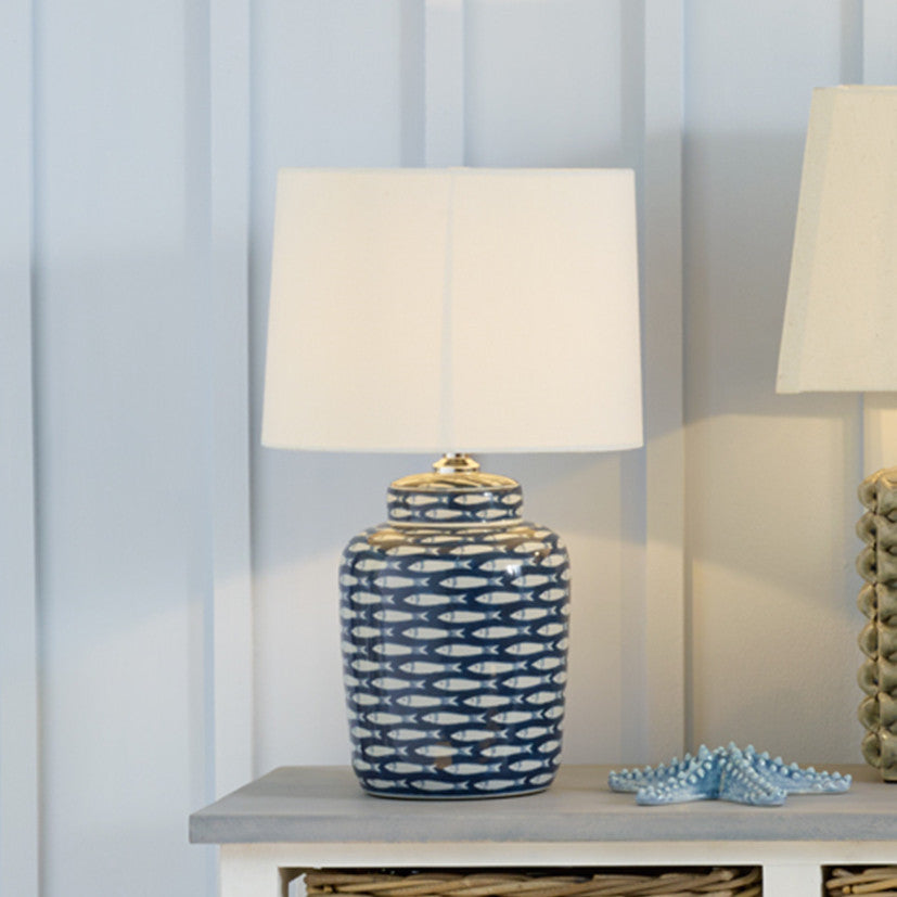Schoal Blue and White Fish Detail Ceramic Table Lamp for sale - Woodcock and Cavendish