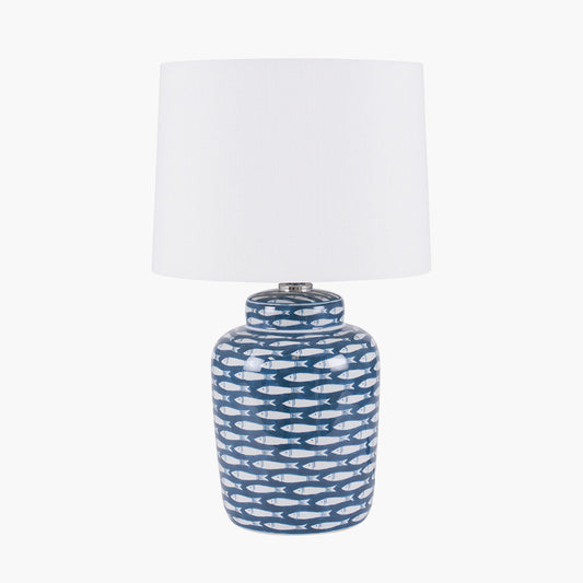 Schoal Blue and White Fish Detail Ceramic Table Lamp for sale - Woodcock and Cavendish