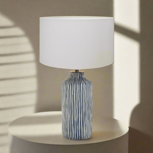 Bude Blue and White Stripe Stoneware Table Lamp with Henry 40cm White Handloom Cylinder Shade