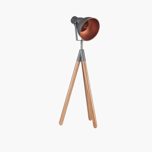 Larkin Grey Metal and Natural Wood Tripod Film Table Lamp for sale - Woodcock and Cavendish