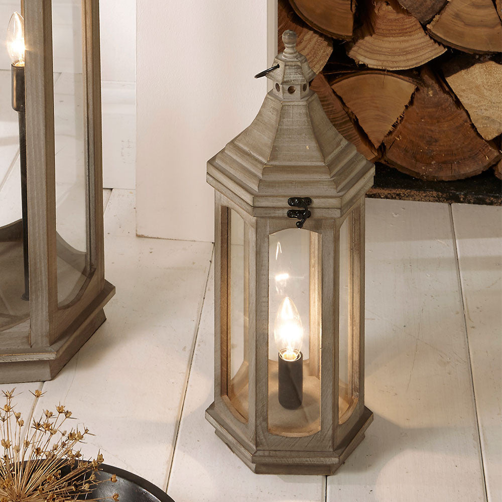 Adaline Grey Antique Wood Lantern Table Lamp for sale - Woodcock and Cavendish