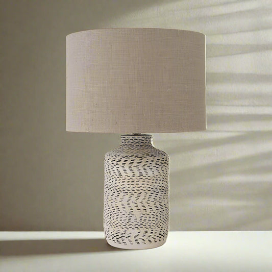 Atouk Textured Natural and Black Stoneware Table Lamp with Henry 35cm Taupe Handloom Cylinder Shade