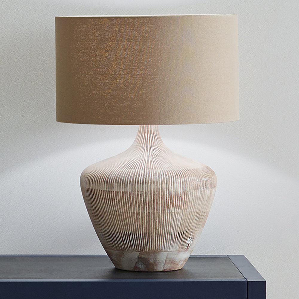 Whitewash Textured Wood Table Lamp – 35cm Taupe Handloom Shade