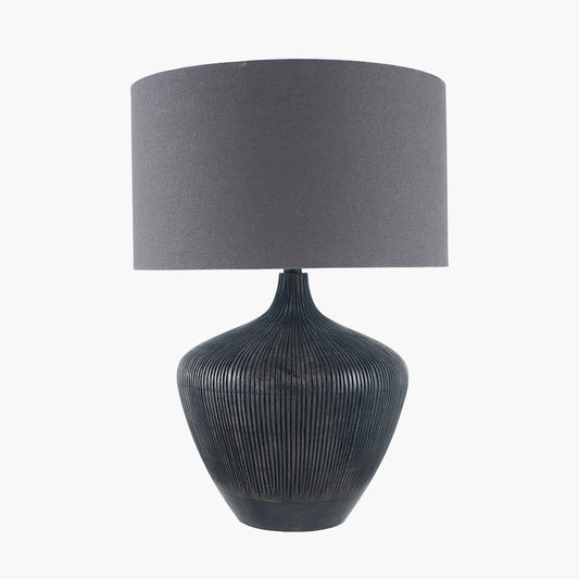 Manaia Antique Black Textured Wood Table Lamp with Henry 35cm Grey Handloom Cylinder Shade