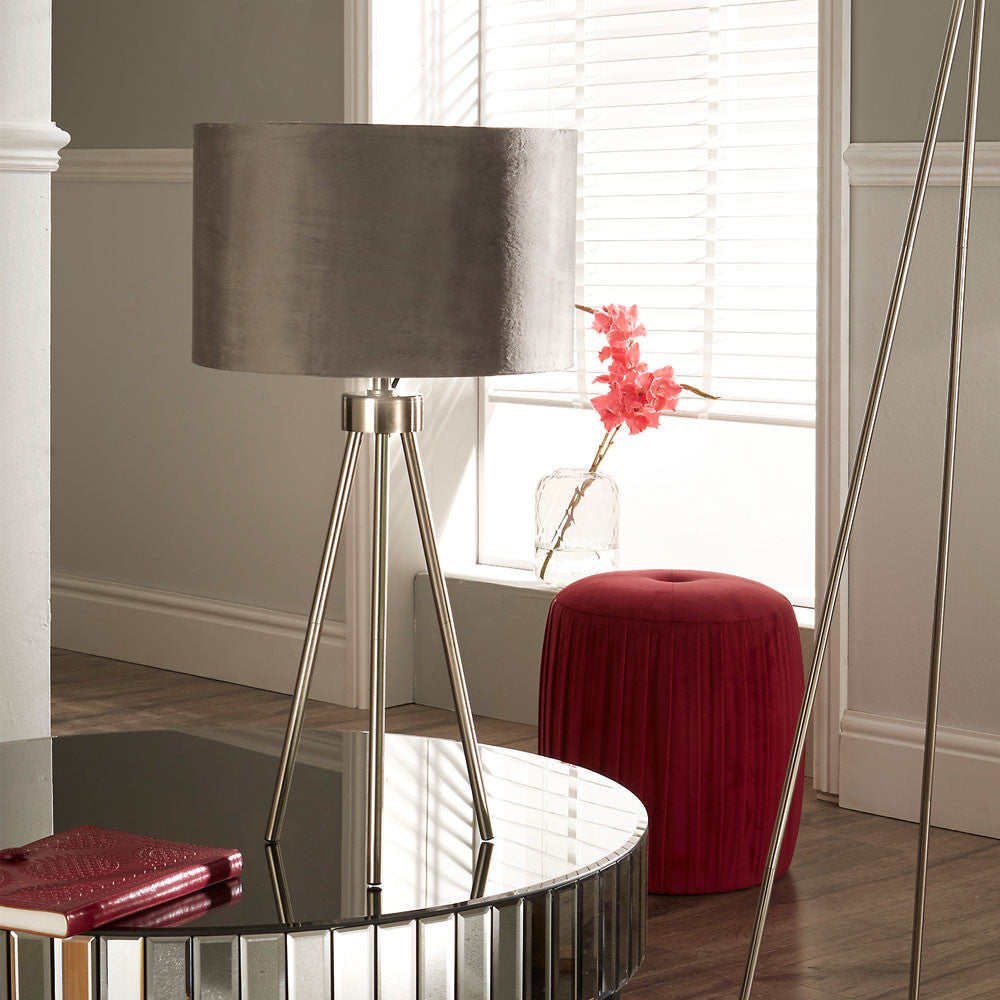 Houston Brushed Silver Metal Tripod Table Lamp for sale - Woodcock and Cavendish