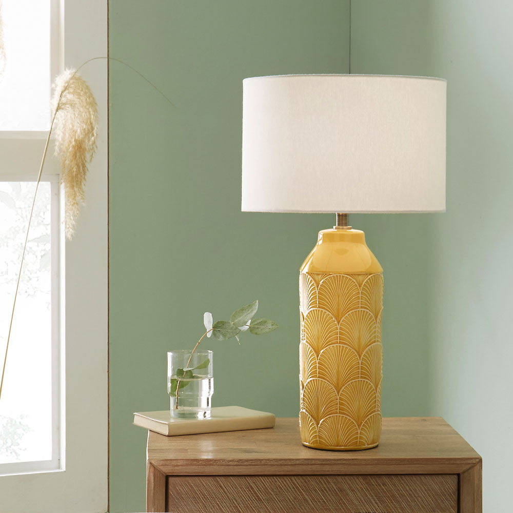 Bethan Embossed Mustard Ceramic Table Lamp for sale - Woodcock and Cavendish