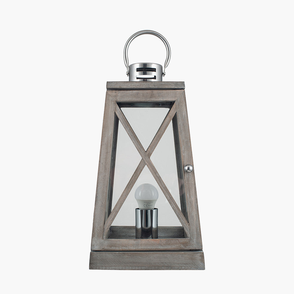 Devon Grey Wood and Chrome Lantern Table Lamp for sale - Woodcock and Cavendish