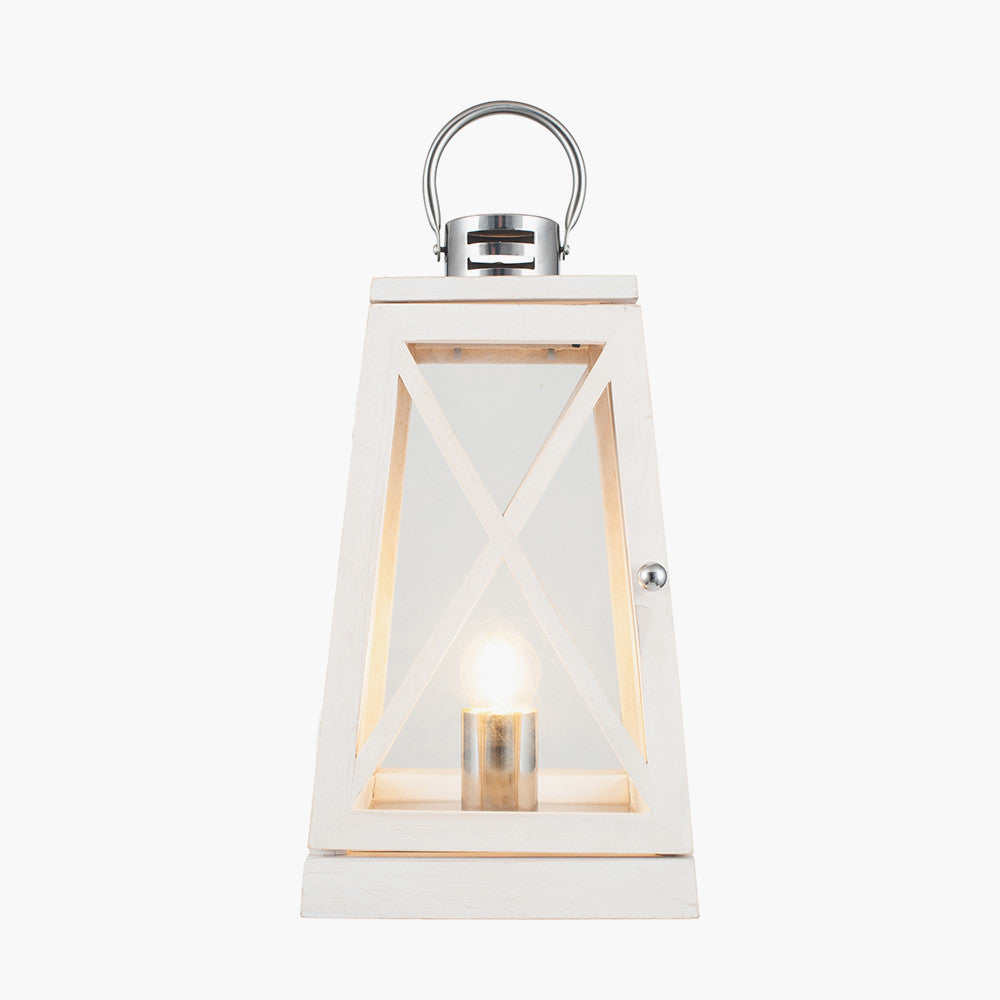 Devon White Wash and Chrome Lantern Table Lamp for sale - Woodcock and Cavendish