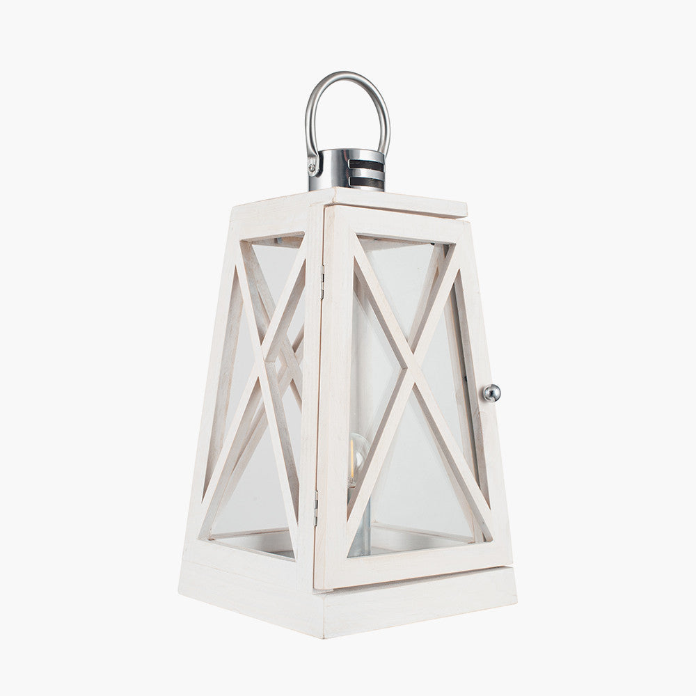 Devon White Wash and Chrome Lantern Table Lamp for sale - Woodcock and Cavendish