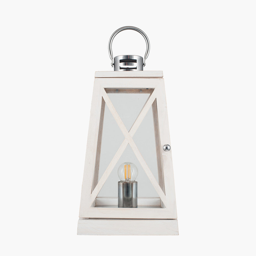 Devon White Wash and Chrome Lantern Table Lamp for sale - Woodcock and Cavendish