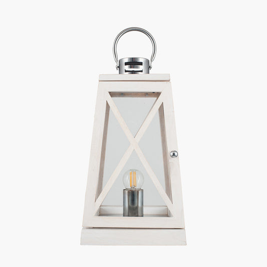 Devon White Wash and Chrome Lantern Table Lamp for sale - Woodcock and Cavendish