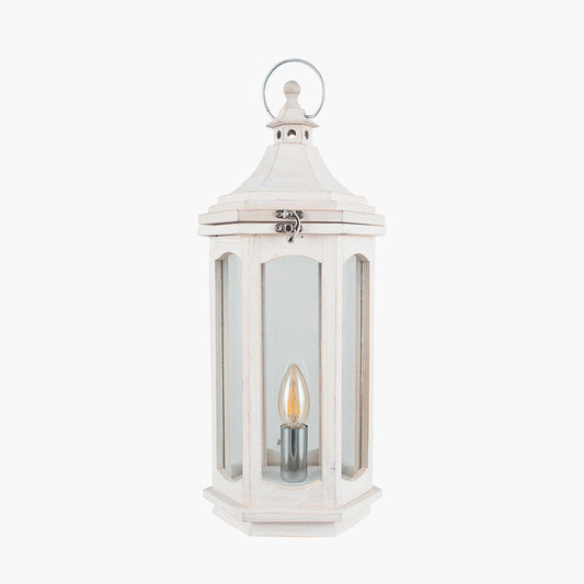 Adaline White Wash Wood Lantern Table Lamp for sale - Woodcock and Cavendish