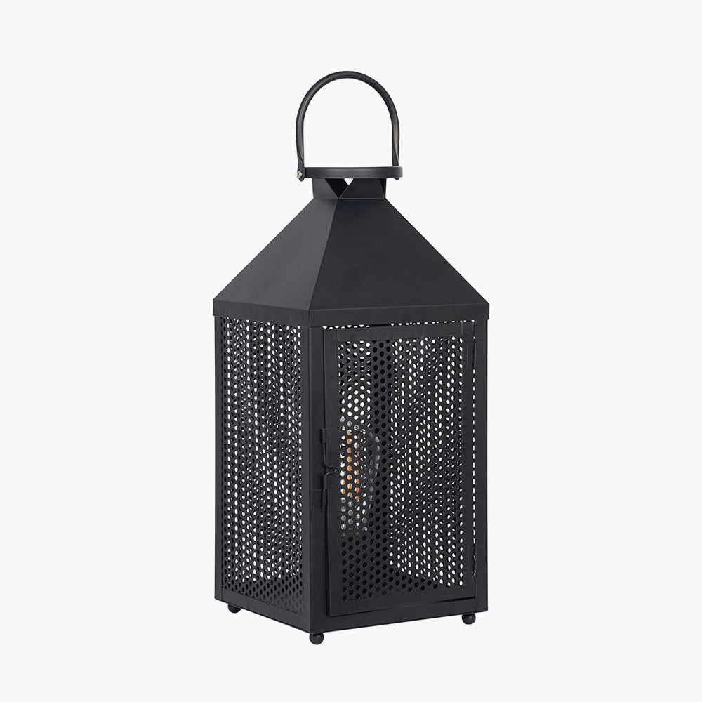 Folkstone Matt Black Metal Punched Lantern Table Lamp for sale - Woodcock and Cavendish